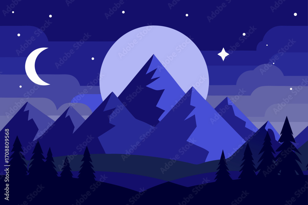 Fototapeta premium vector night landscape with glowing moon stars a