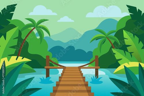vector jungle river with wooden bridge and tropica