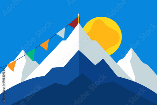 vector himalayan peaks with buddhist prayer flags 