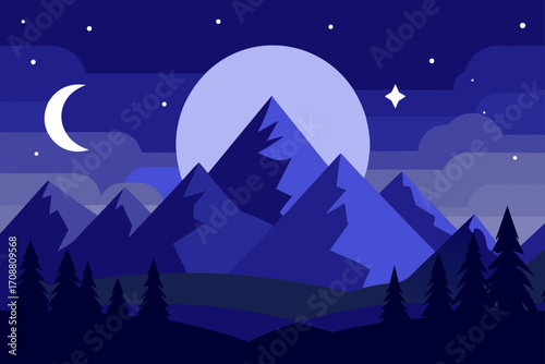 vector night landscape with glowing moon  stars  a