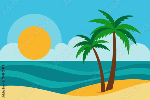 vector tropical beach with palm trees  ocean waves