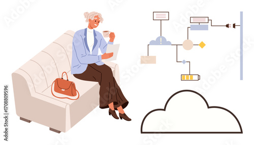 Elderly woman enjoys coffee while holding a tablet on a sofa. Abstract diagram illustrates cloud connectivity, energy flow, and network links. Ideal for technology, aging, remote work, education