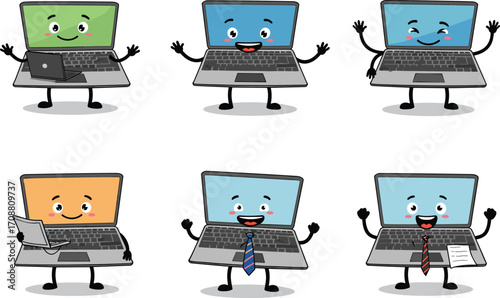 Cartoon laptop characters, cute computer mascots, happy technology illustration, smiling devices, business and office concept, digital gadget emotions, vector clipart design