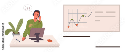 Customer service agent in a headset at desk interacting with clients, analyzing business data shown on screen charts. Ideal for communication, teamwork, analytics, service, technology, management