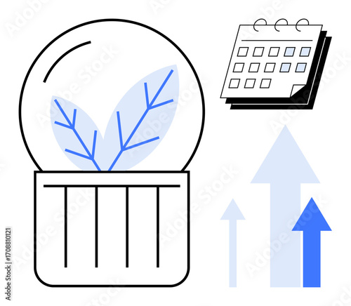 Plant sprouting in a container, a calendar, and upward arrows representing growth. Ideal for sustainability, productivity, growth strategies, planning, eco-friendliness, business goals simple flat