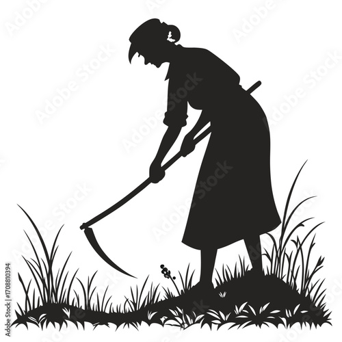 Woman cutting grass with sickle