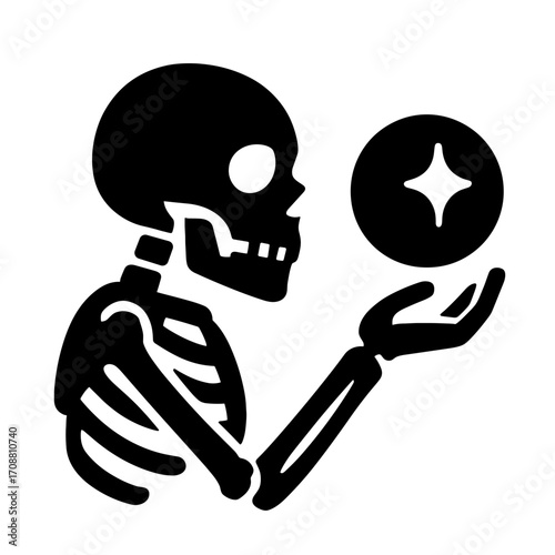 Skeleton with Crystal Ball Flat Icon, Black and White, Transparent Background