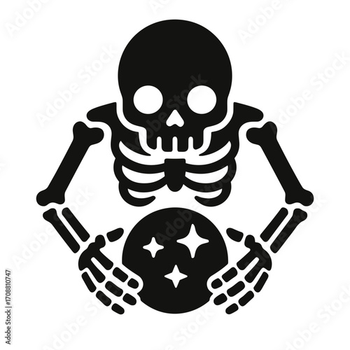 Skeleton with Crystal Ball Flat Icon, Black and White, Transparent Background