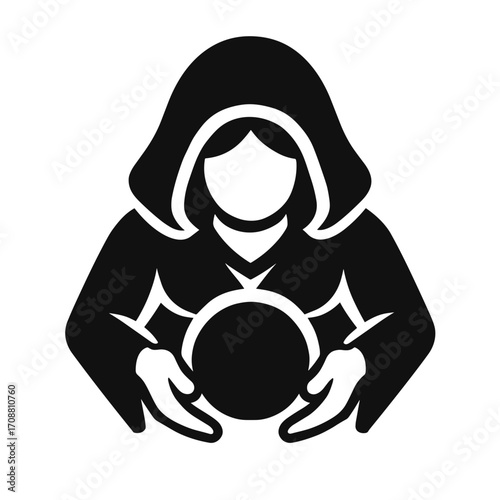 Hooded Fortune Teller Flat Icon, Black and White, Transparent Background