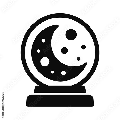 Crystal Ball with Moon Flat Icon, Black and White, Transparent Background