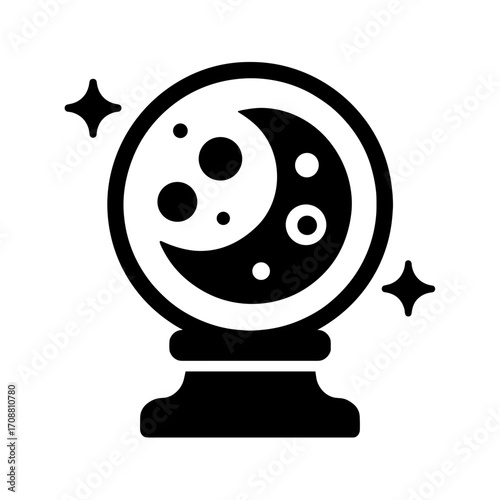 Mystical Moon Crystal Ball Flat Icon, Black and White, Transparent Background