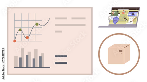 Graphs with metrics, laptop with online tracking features, and shipping box highlight logistics, e-commerce, and analytical growth. Ideal for business, commerce, marketing, logistics strategy