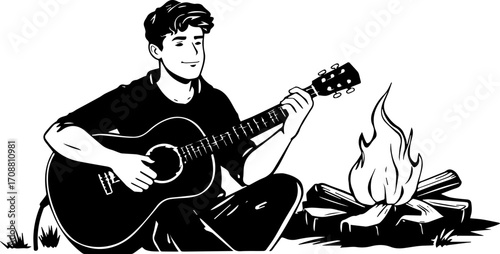Summer Campfire and Guitar Player

