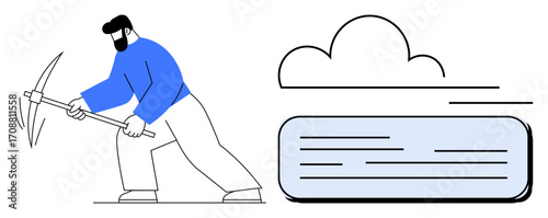Worker using pickaxe near cloud and database visuals. Ideal for cloud computing, data mining, digital storage, technology, workforce effort, innovation, simple flat metaphor