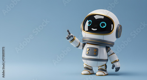 Cheerful AI Robot Guiding with a Raised Finger on Soft Blue Background, A Friendly Concept