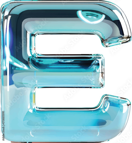 3D Rendered Blue Glass Number Three with Reflective Surface numeral digit