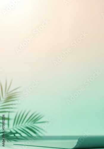 Minimalist display podium illuminated by soft natural light subtle palm leaf shadow creating a serene background for product presentation wellness concept imagery, sense of calm and natural elegance