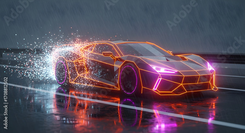 Neon Speed Futuristic Car Racing Through Rain-soaked Streets with Light Trails
