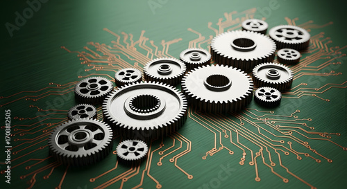 Intricate Gear Arrangement on Circuit Board A Visual Metaphor for Technology and Innovation
