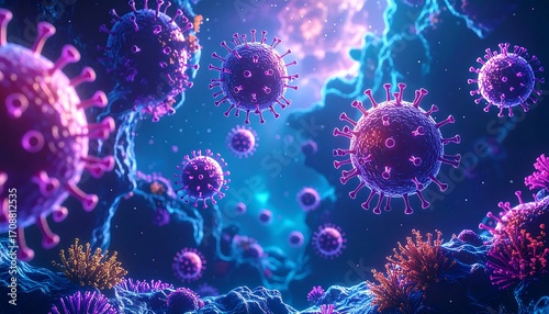 Microscopic View: Vivid Purple and Blue Coronavirus Particles