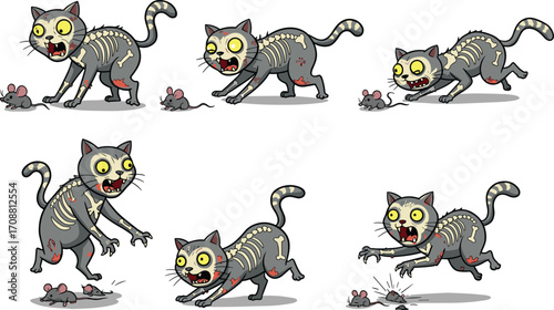 Zombie cat cartoon, undead feline illustration, scary pet artwork, horror animal clipart, creepy mouse chase, Halloween vector, spooky predator design