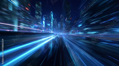 Racing through a futuristic cityscape leaving streaks of vibrant light trails on a neon nightscape