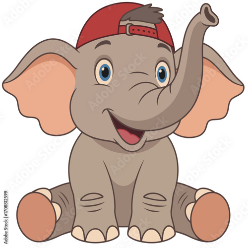 A funny, cute baby elephant cartoon drawing with a toy puppy and a brown bear character smiling at the zoo