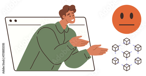 Man gesturing from a browser window, interacting with blockchain cube connections and neutral face. Ideal for technology discussion, blockchain, communication, feedback, digital interaction