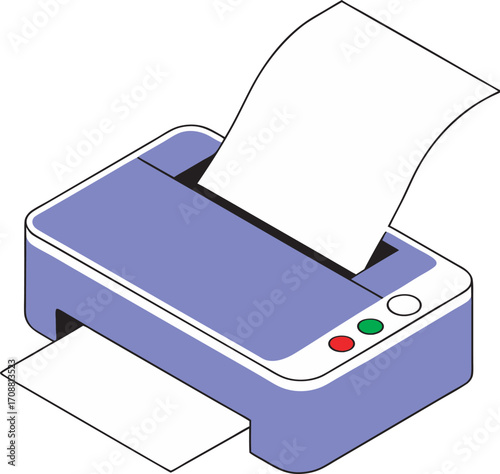 Purple printer in isometric view outputting paper for office or home printing tasks