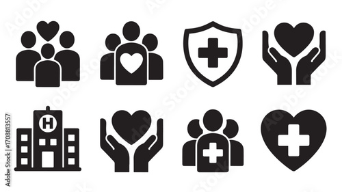 Vector art of set of icons representing healthcare, community, and wellbeing