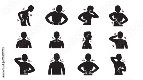Vector art of collection of icons depicting body pain and discomfort