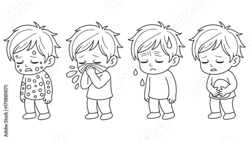 Vector art of set of four cartoon children displaying different symptoms of illness