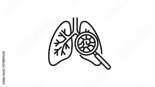 Vector art of line art illustration of lungs with a magnifying glass examining a section