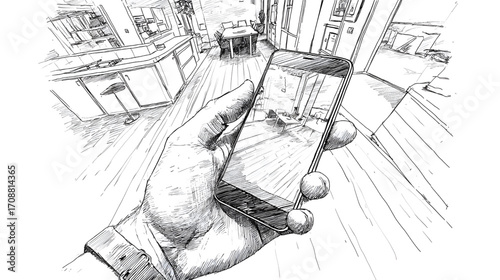 Hand holding a smartphone displaying a room view.