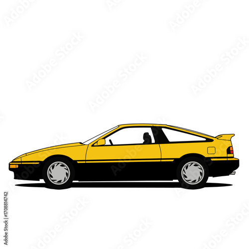 Classic yellow two door sports coupe with black trim and alloy wheels in profile view