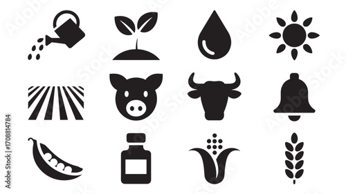 Vector art of collection of farming and agriculture icons including watering can, plant, water drop, sun, field, pig, cow, bell, pea, bottle, corn, and wheat