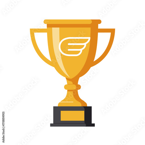 Golden trophy with wings emblem representing victory achievement and championship success on a white background