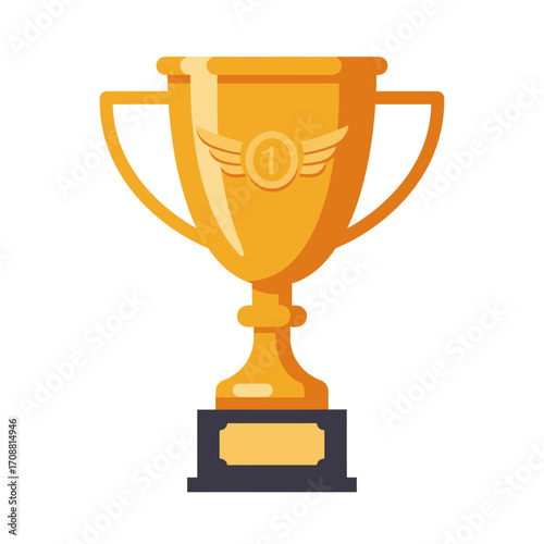 Golden champion trophy with wings and number one emblem on a black pedestal