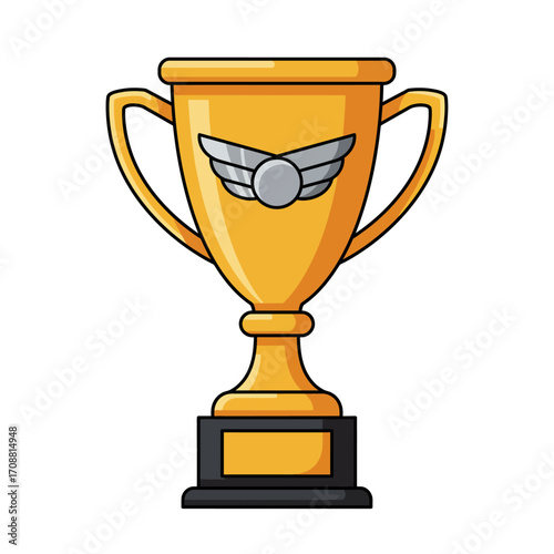 Golden trophy with wings and a circular emblem symbolizing victory and achievement in competition