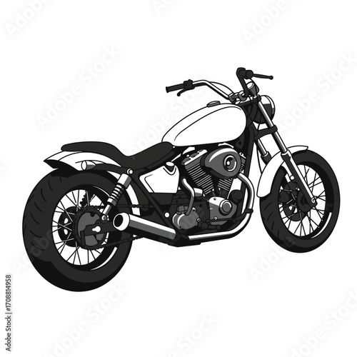 Classic american cruiser motorcycle with chrome accents and black detailing on a white background