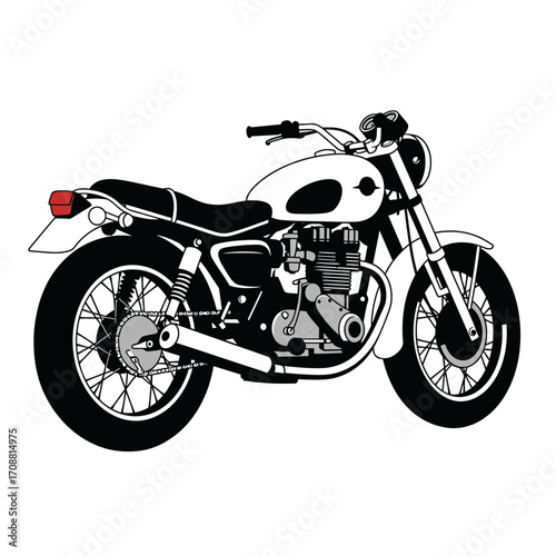 Classic vintage motorcycle side view illustration with chrome details and spoked wheels on white background