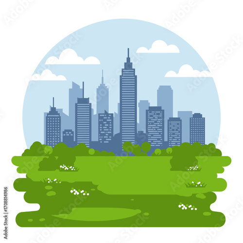 Vibrant green park landscape with a modern city skyline in the background under a cloudy sky