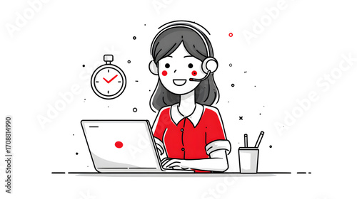 Friendly customer service representative working on laptop with headset and clock.