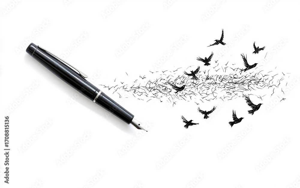 Fototapeta premium Digital artwork of a pen writing expressive words across a blank surface in motion isolated on transparent background PNG