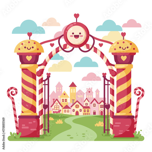 Whimsical candy land entrance archway with sweet buildings and cheerful clouds in a dreamy landscape