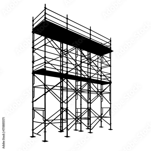 Tall industrial scaffolding structure with multiple platforms and safety railings against a white background