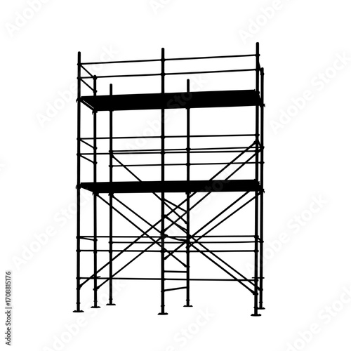 Industrial scaffolding structure with multiple platforms and diagonal bracing against a white background