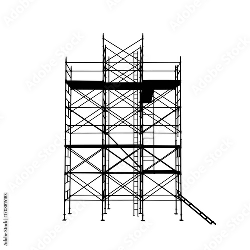Industrial scaffolding structure with multiple levels and access ladder against a white background