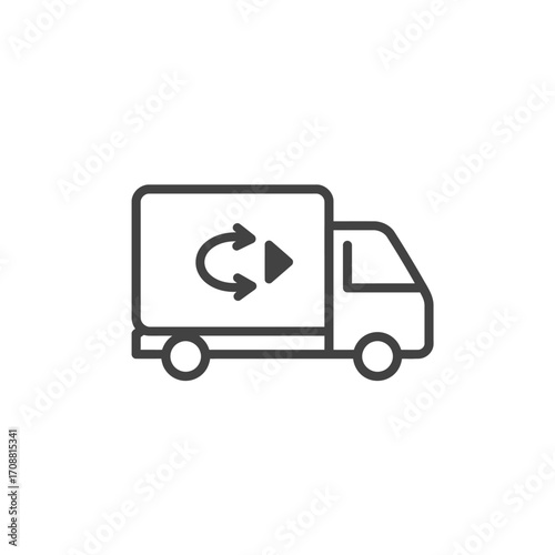 Simple line art icon of a delivery truck with a circular arrow symbol indicating return or exchange service
