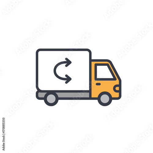 Simple cartoon illustration of a yellow delivery truck with a return arrow symbol on its side